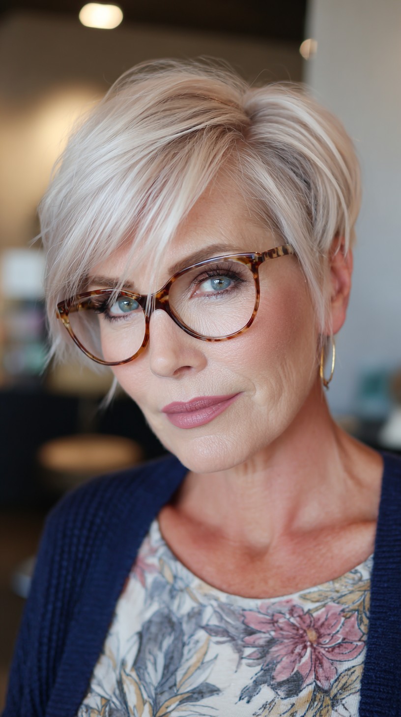 Chic Platinum Blonde Pixie with Side-Swept Bangs