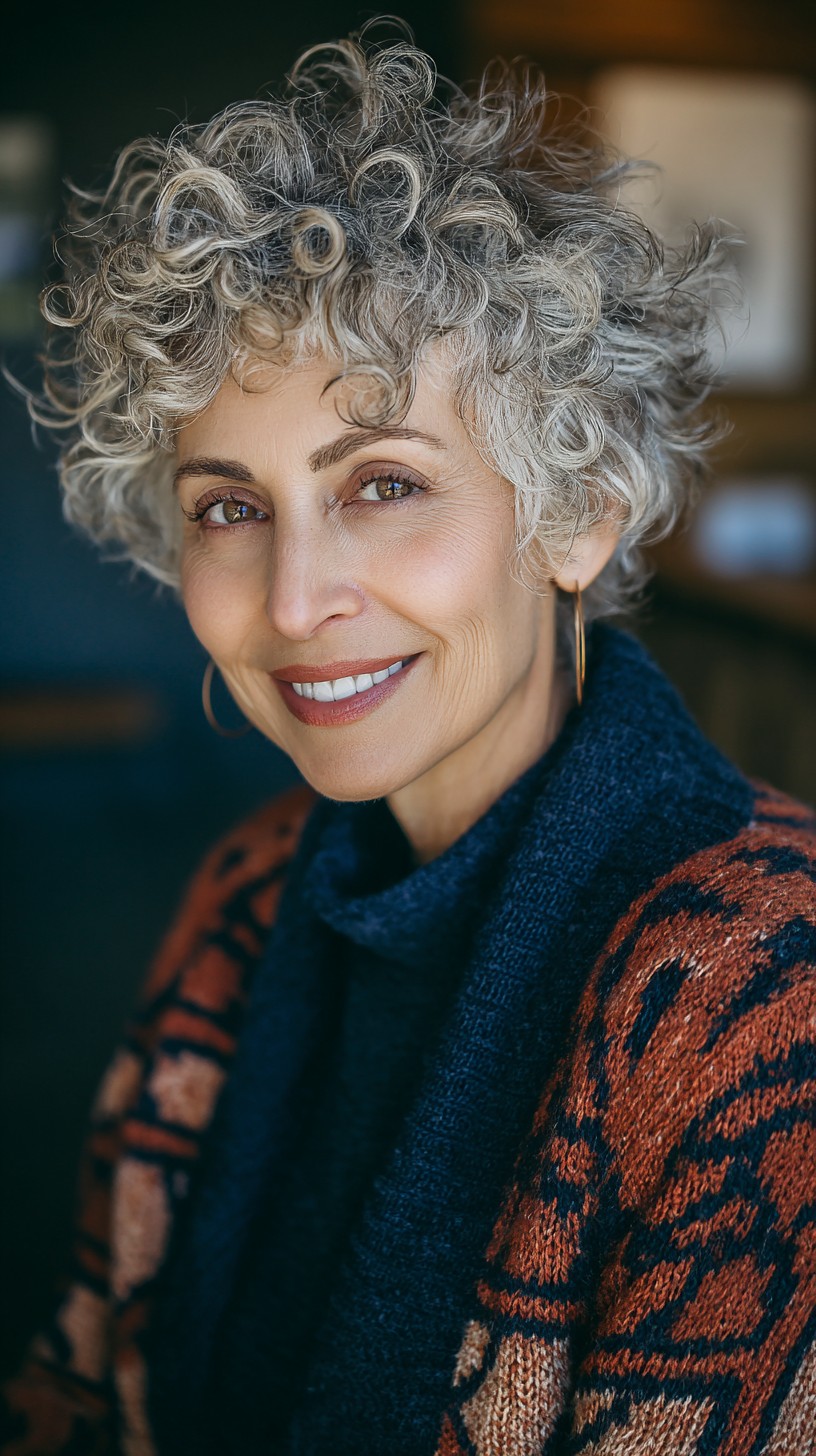 Chic Salt-and-Pepper Curly Pixie with Defined Ringlets