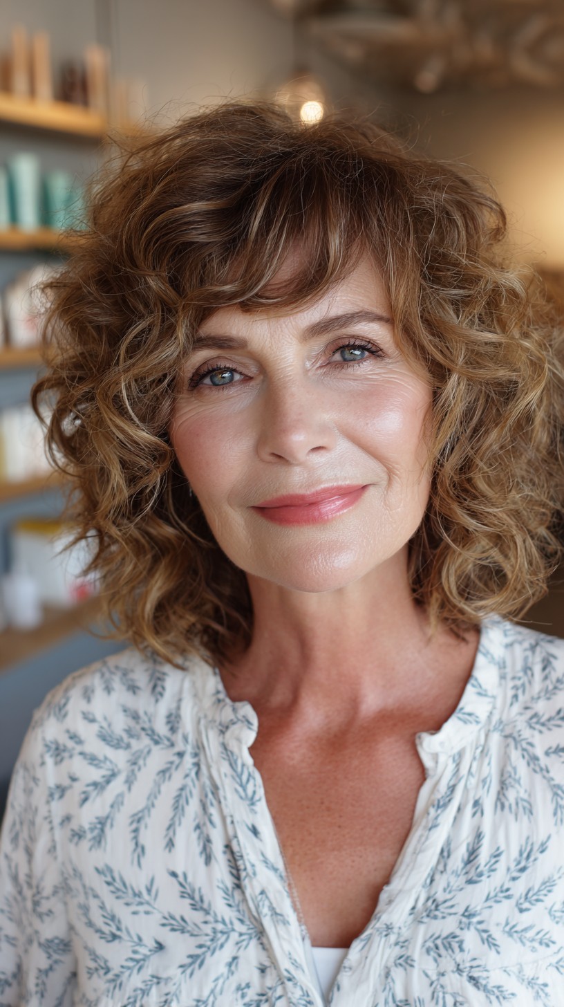 Chic Tousled Golden Curls with Fringe Accents