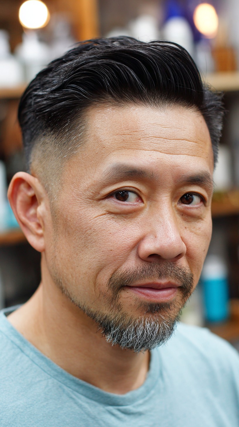 Classic Side-Swept Pompadour with Soft Gradual Fade