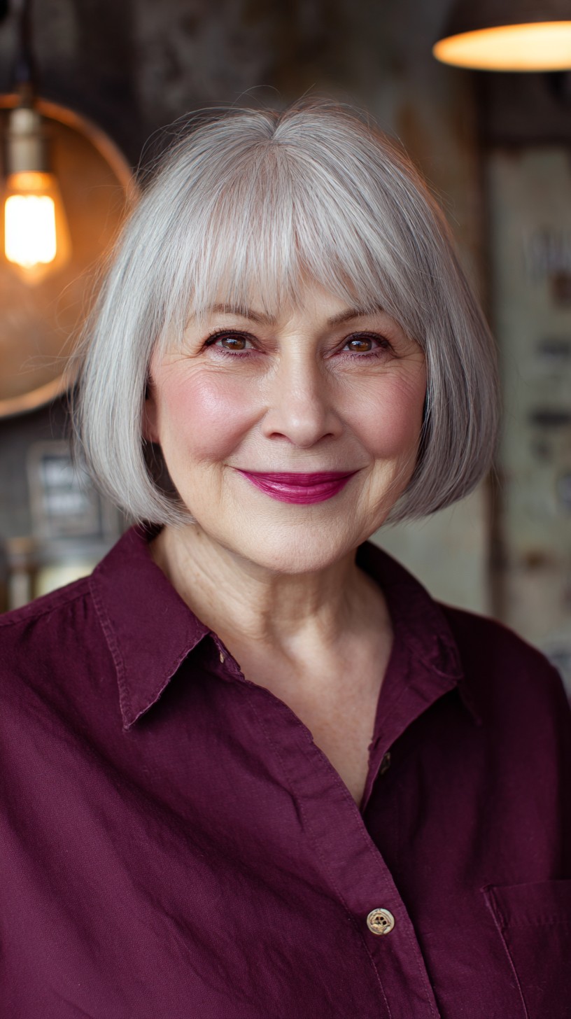 Classic Silver Bob with Feathered Curtain Bangs