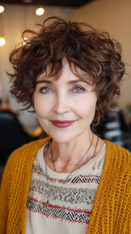 Curly Chestnut Textured Bob with Natural Highlights