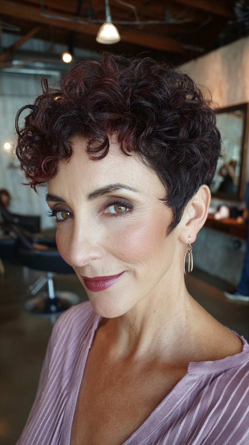 Dynamic Deep Auburn Tapered Pixie for Curly Hair