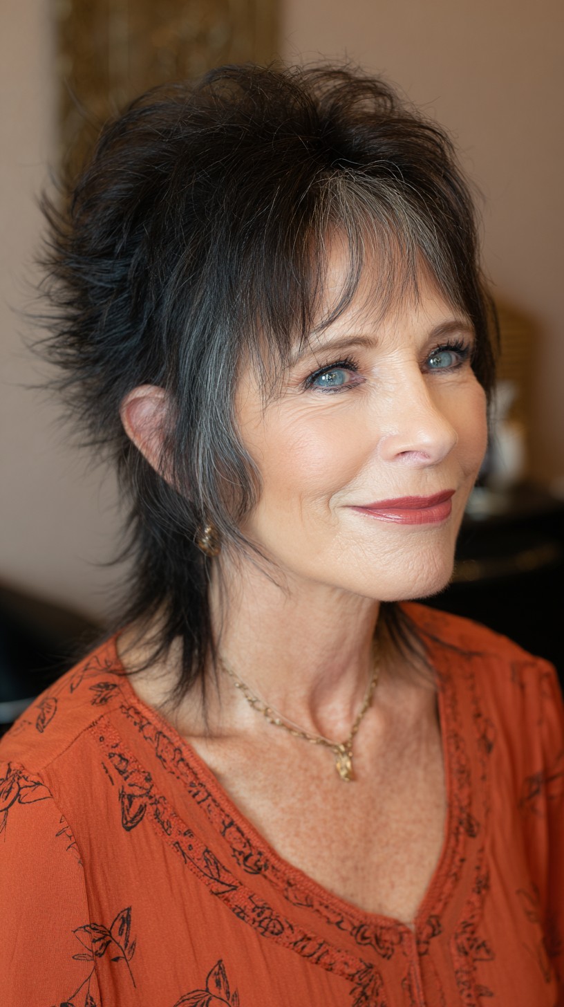 Edgy Black Layered Mullet with Textured Top