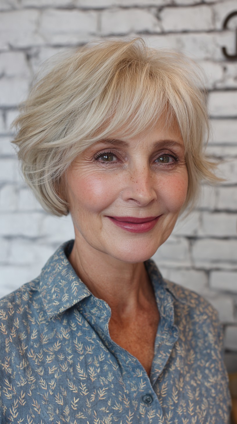 Effervescent Light Blonde Wavy Bob with Curtain Bangs