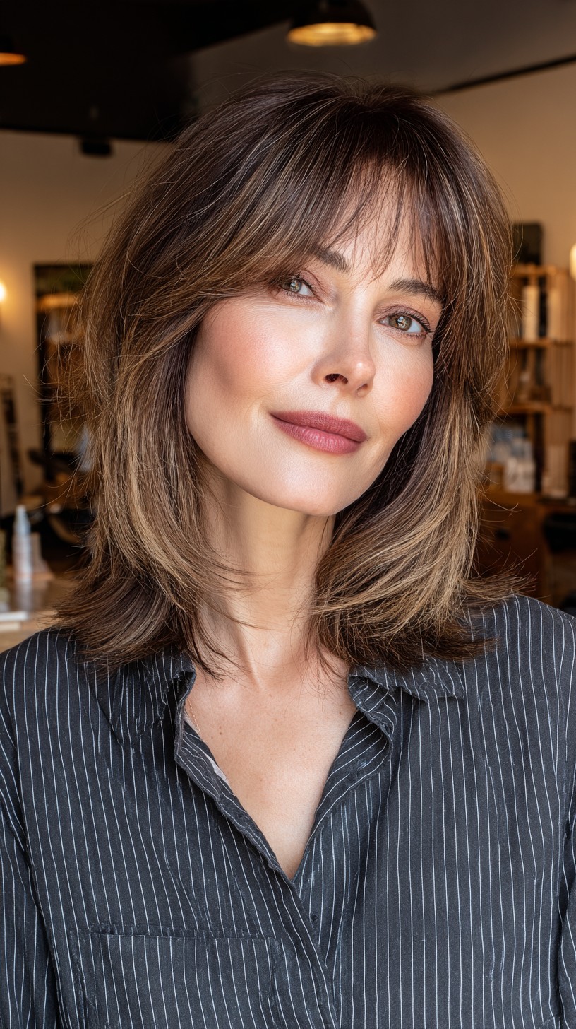 Effortlessly Chic Wispy-Bangs with Soft Brunette Layers
