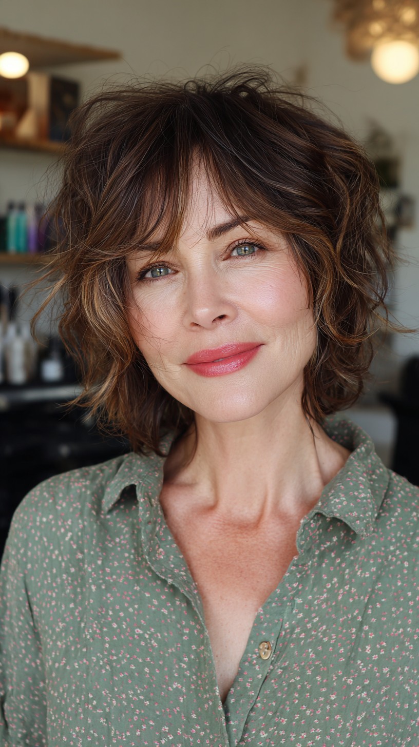 Effortlessly-Tousled Brunette Shag with Natural Highlights