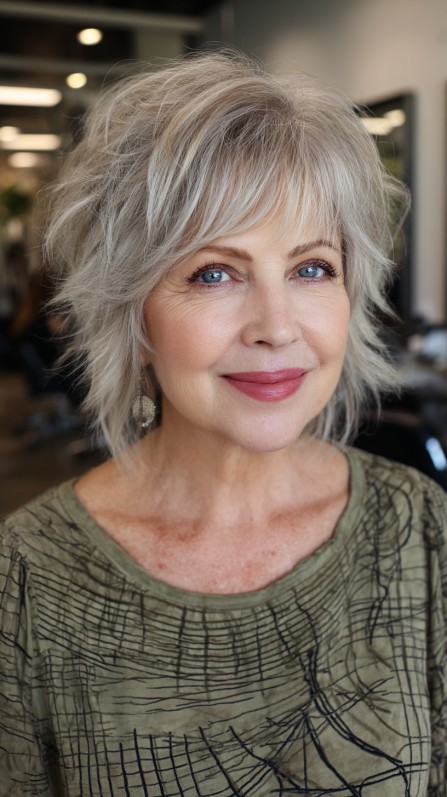 Effortlessly Tousled Silver Shag for Mature Hair