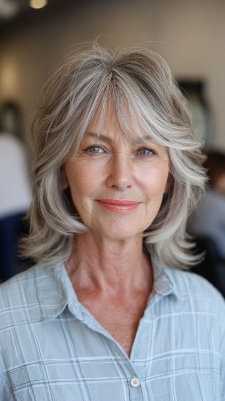 Elegant Silver Feathered Layers for Mature Hair