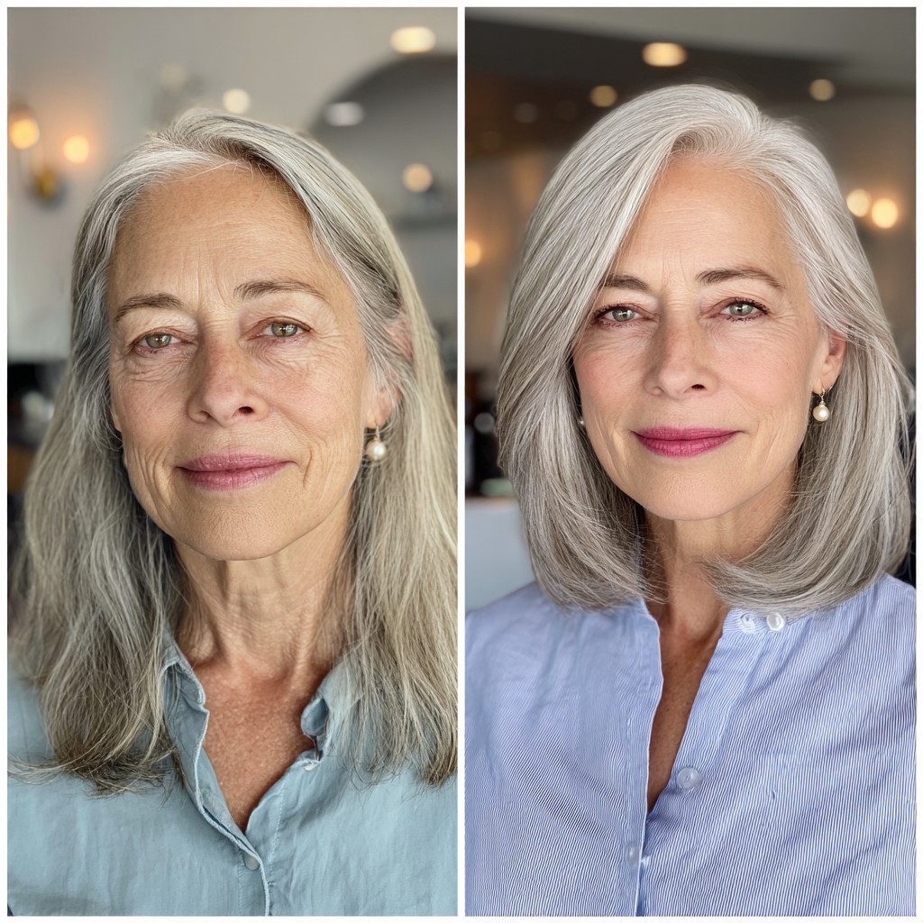 Elegant Silver Layered Bob for Mature Hair