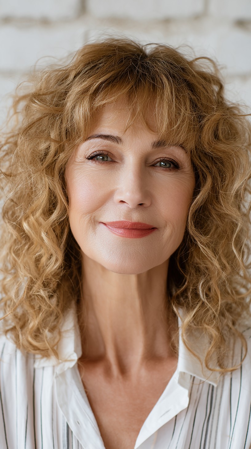 Golden Blonde Curly Bob with Wispy Bangs
