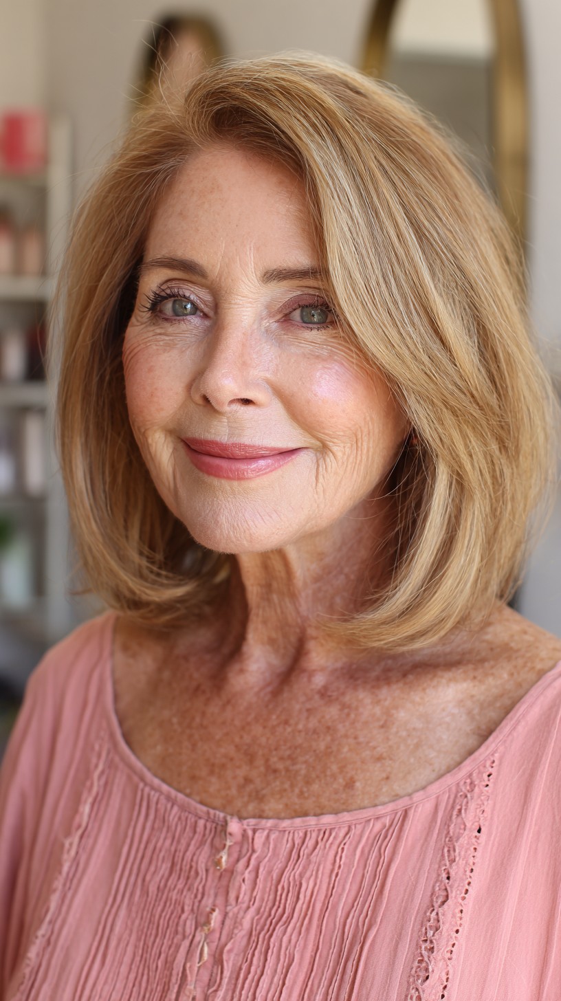 Golden Blonde Feathered Layers for Mature Hair