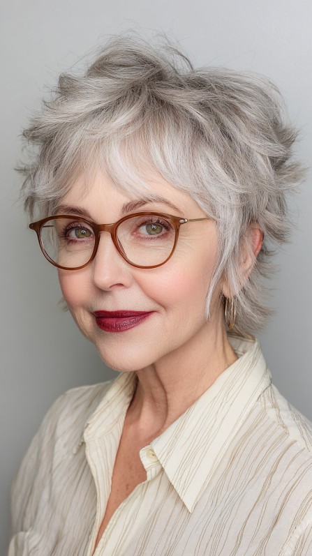 Modern Silver Textured Pixie with Asymmetrical Fringe