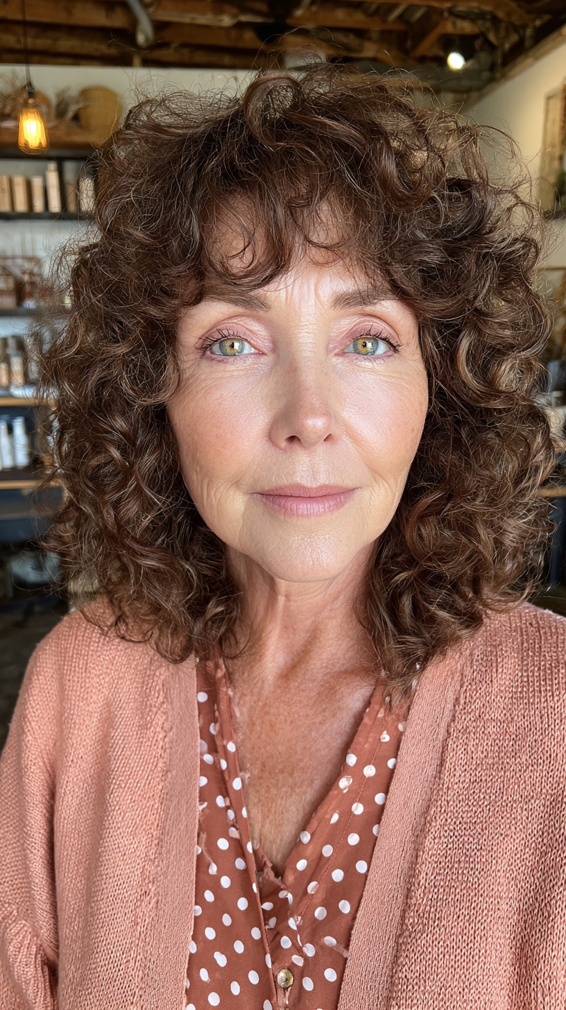 Natural Espresso Spiral Curls with Fringe for Mature Women