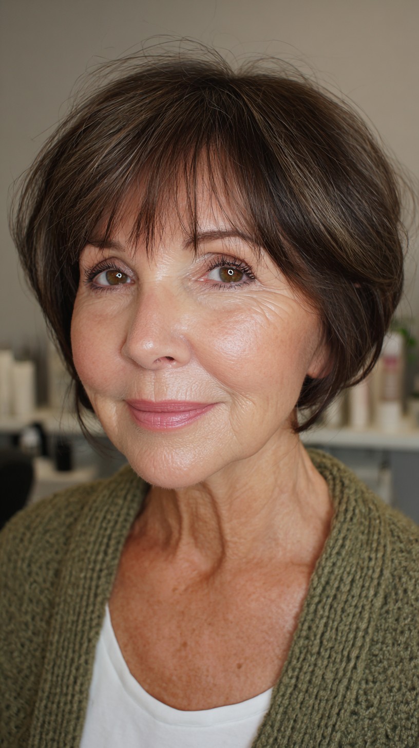 Playful Brunette Textured Bob with Feathered Bangs