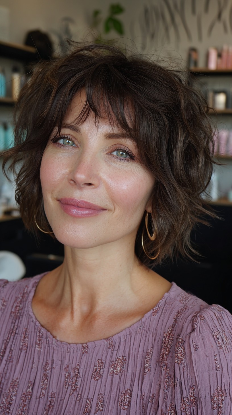 Playful Chestnut Tousled Bob with Soft Fringe