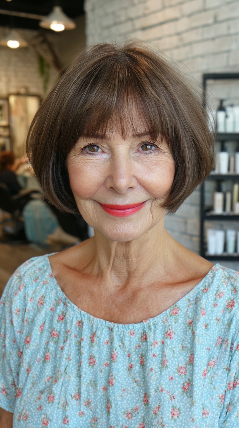 Polished Chocolate Bob with Seamless Curtain Bangs