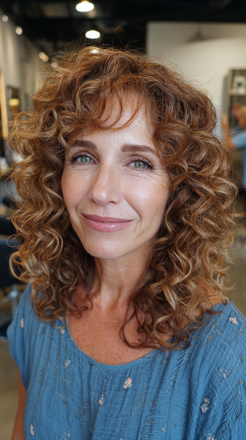 Rich Auburn Curly Bob with Soft Bangs