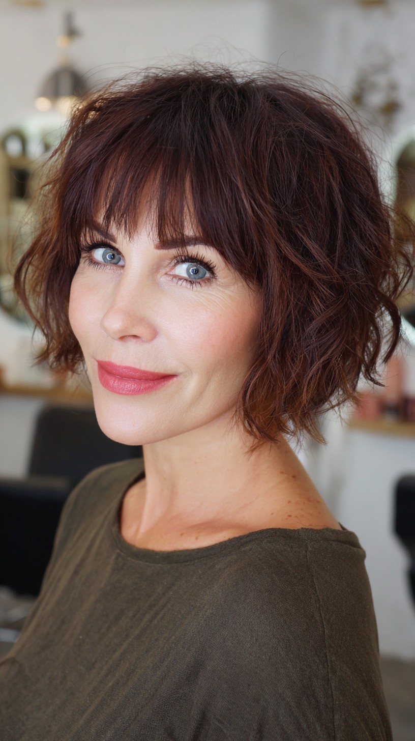 Rich Auburn Curly Bob with Soft Fringe
