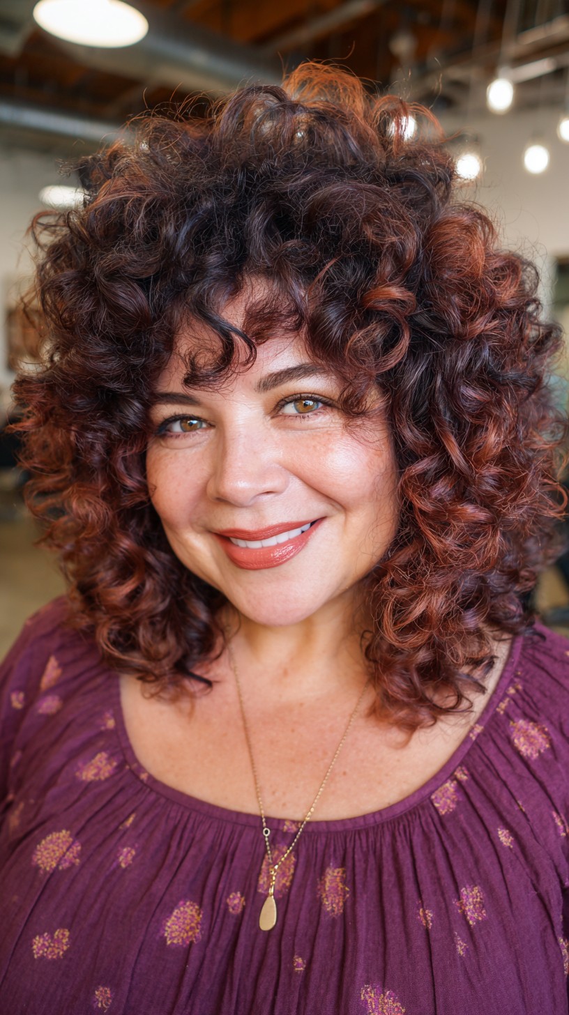 Rich Auburn Tousled Curls with Subtle Highlights