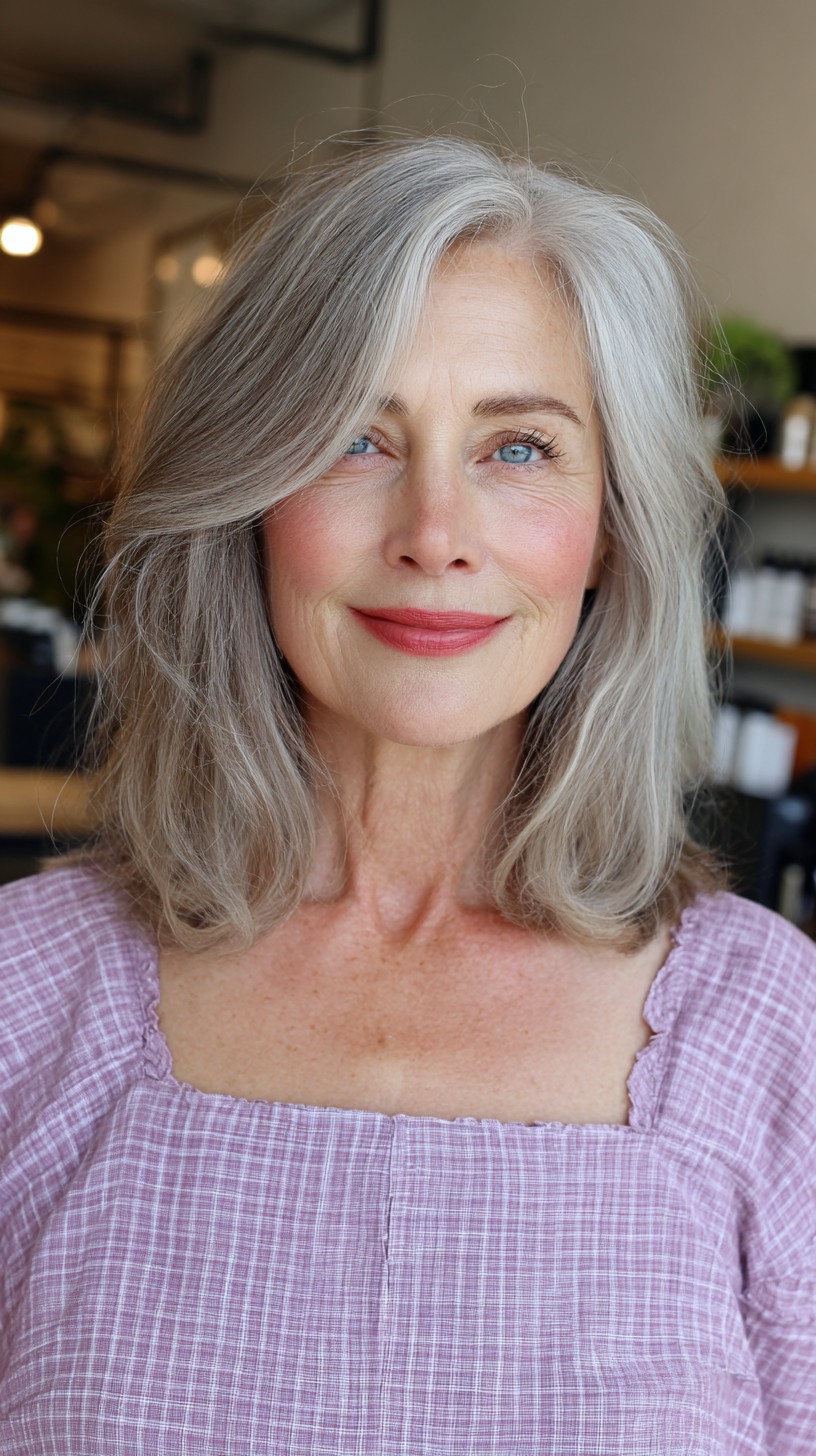 Silvery-Gray Cascading Waves for Mature Hair