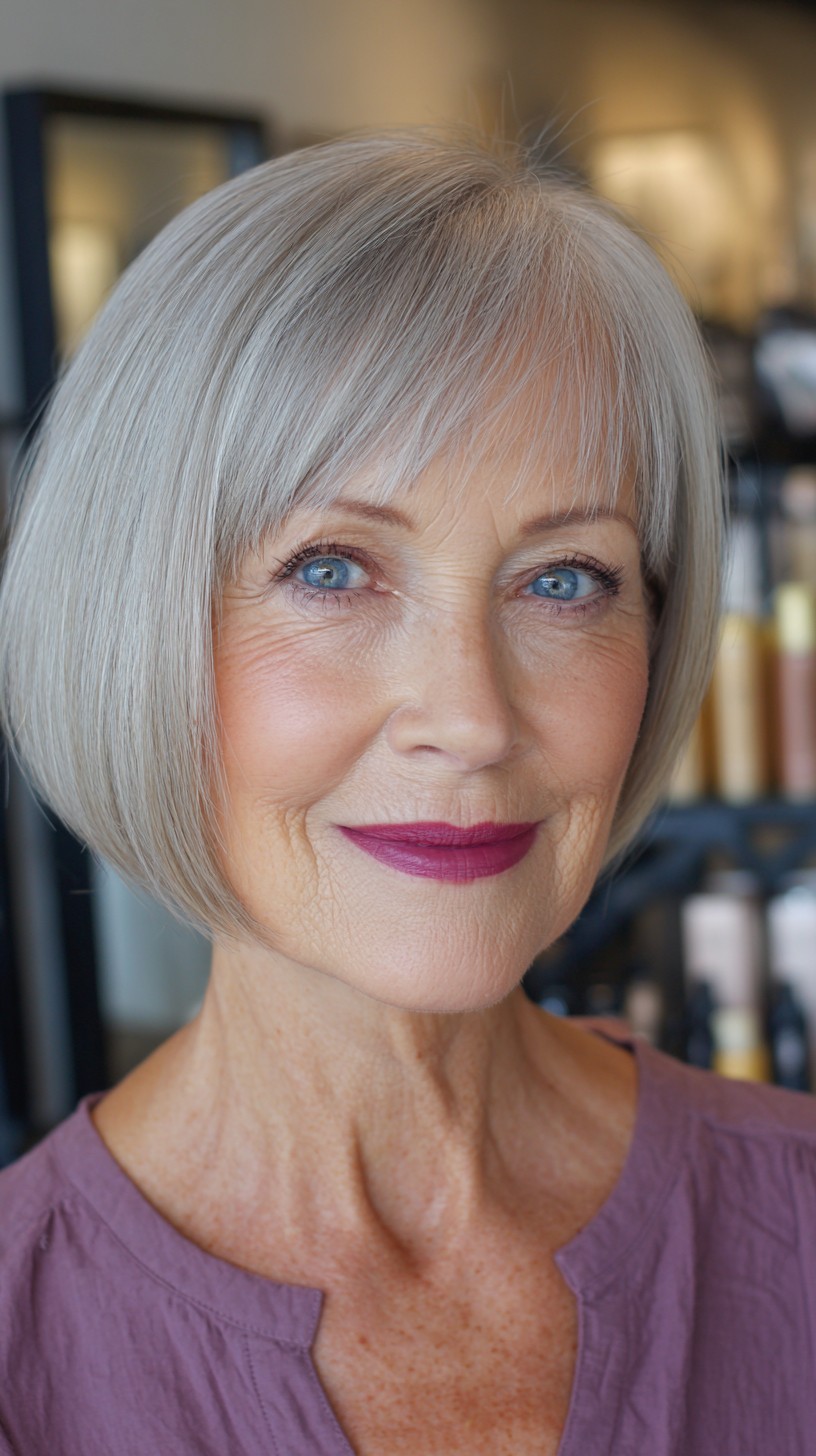 Sleek Silver Bob with Curtain Bangs