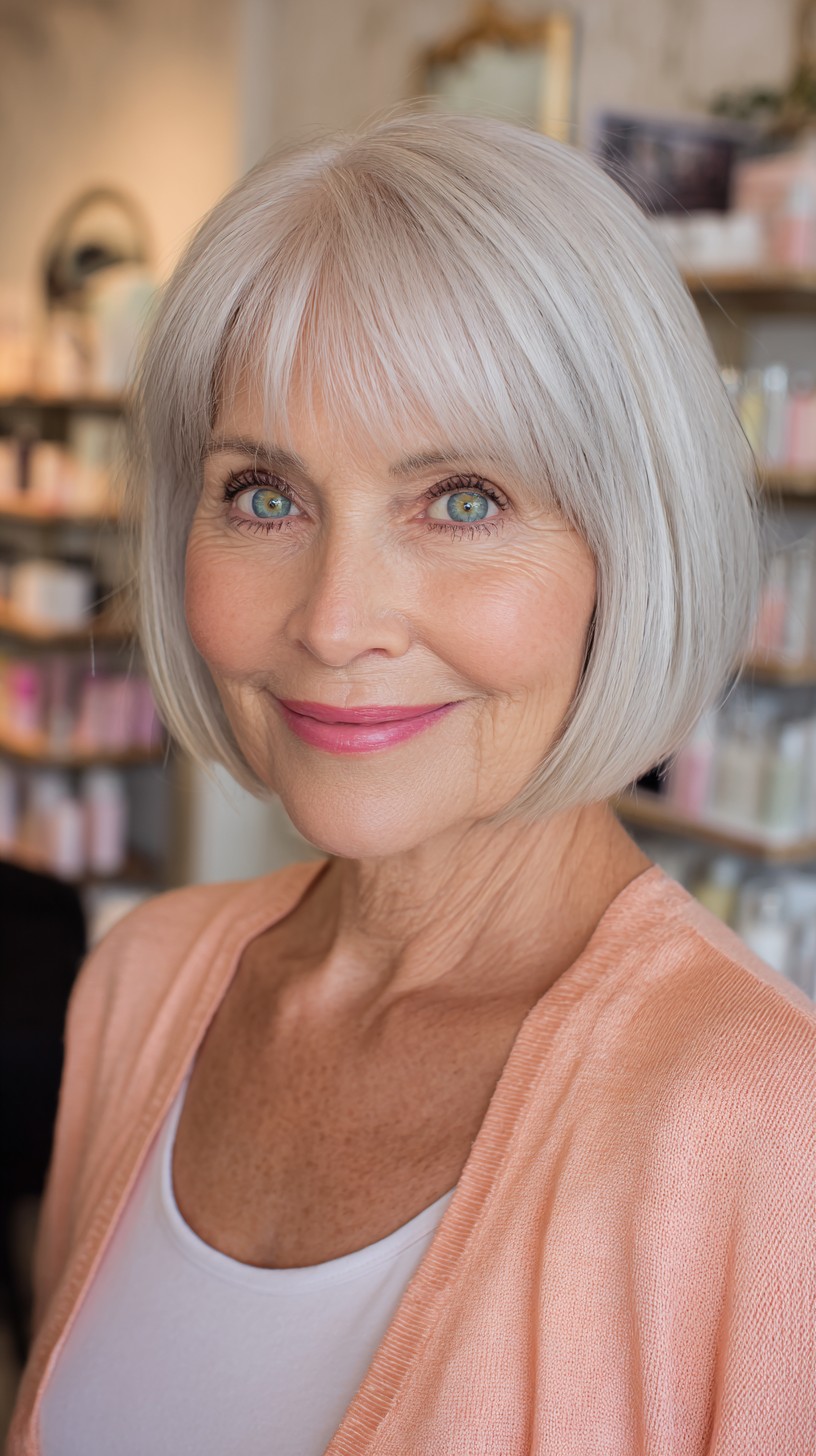 Sleek Silver Bob with Subtle Curtain Bangs