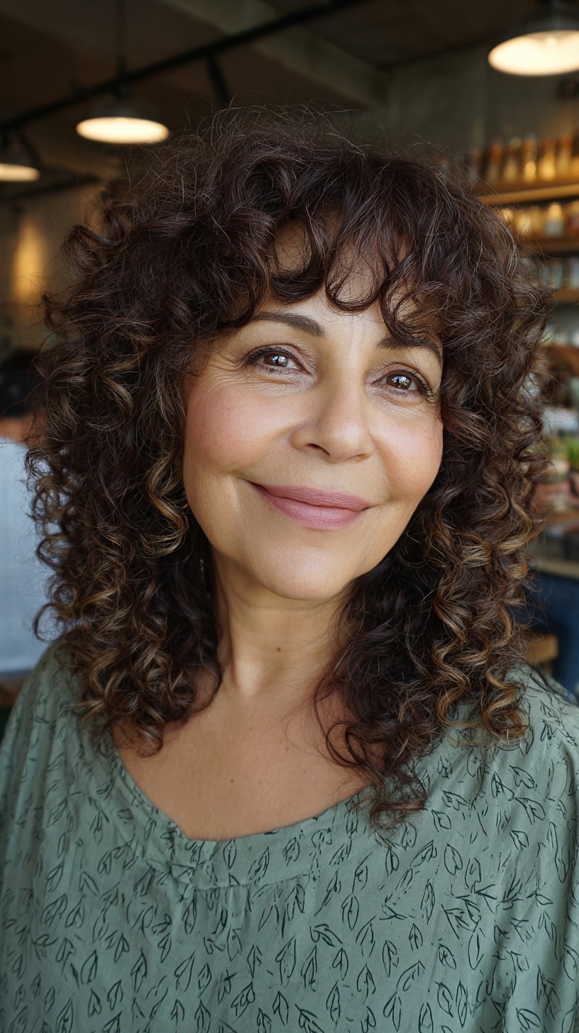Soft Brunette Curls with Delicate Fringe for Mature Style