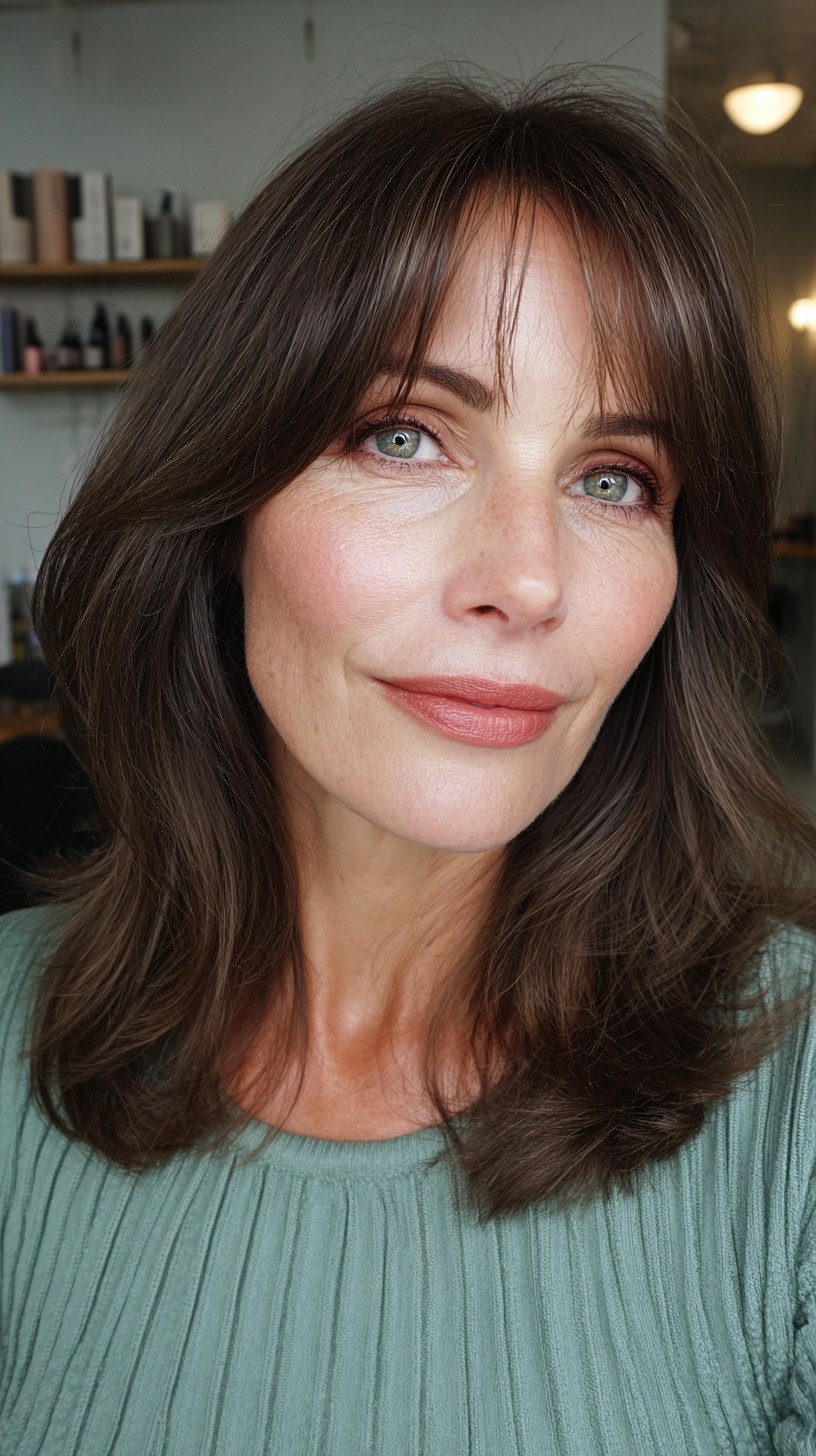 Soft Chestnut Layers with Face-Framing Bangs