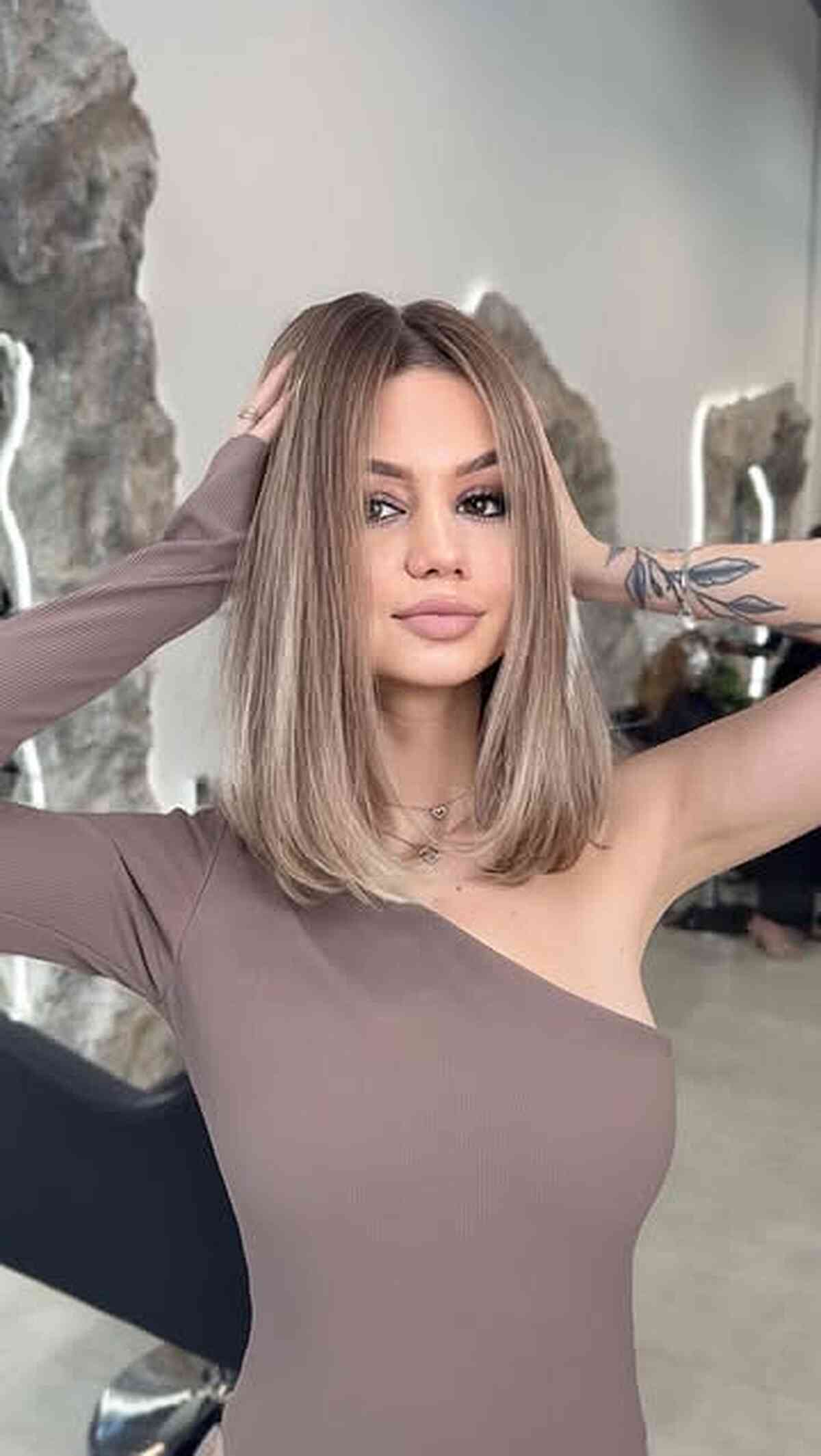 Stylish Taupe Blonde Lob with Soft Layers