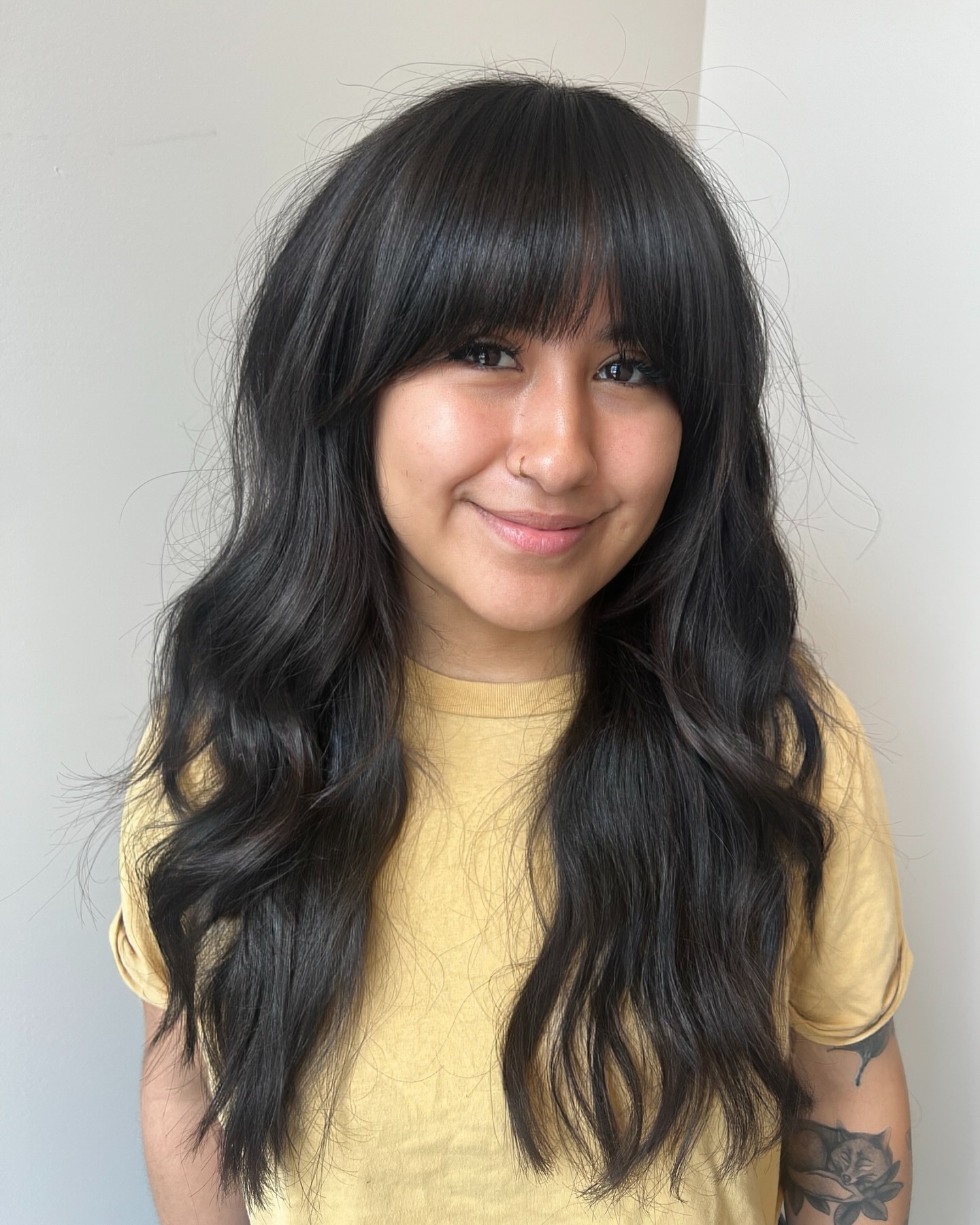 Textured Long Waves with Blunt Bangs