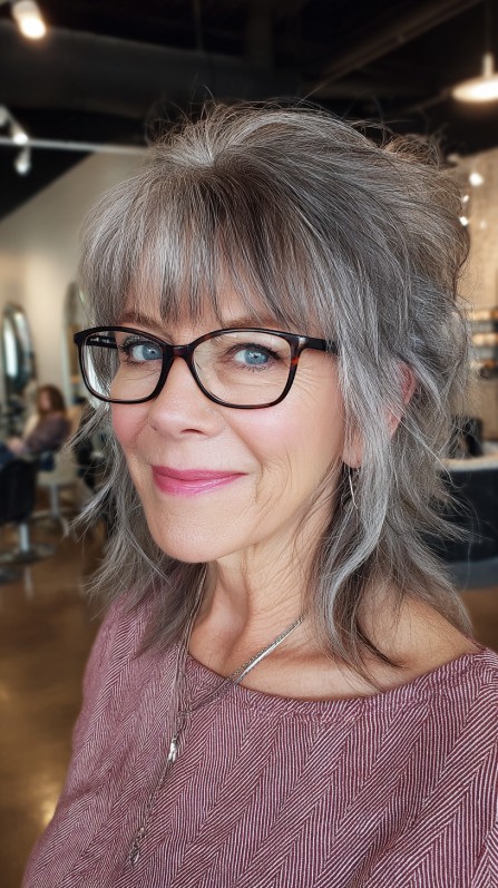 Textured Silver Mullet with Soft Bangs