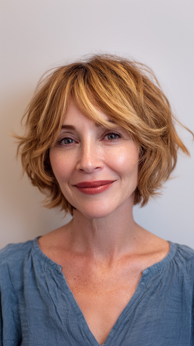 Textured Tousled Bob with Caramel Highlights