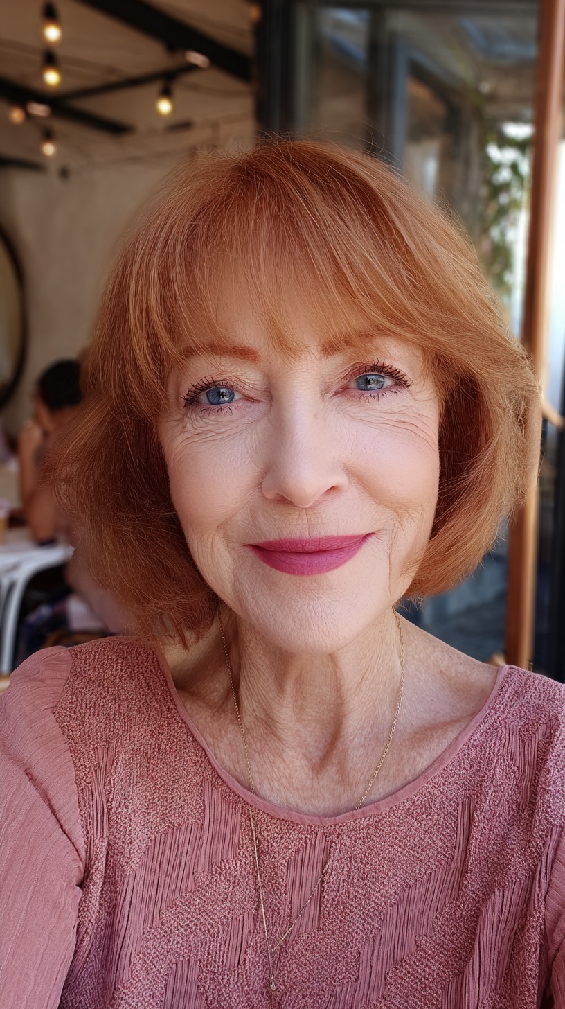 Vibrant Auburn Bob with Curtain Bangs for Mature Women