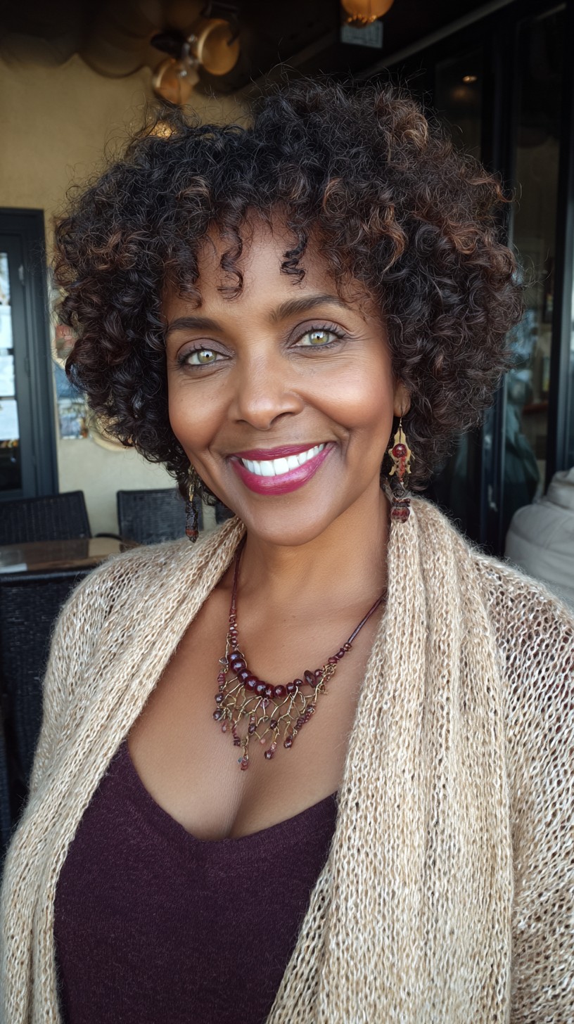 Vibrant Short Curly Crop with Natural Highlights