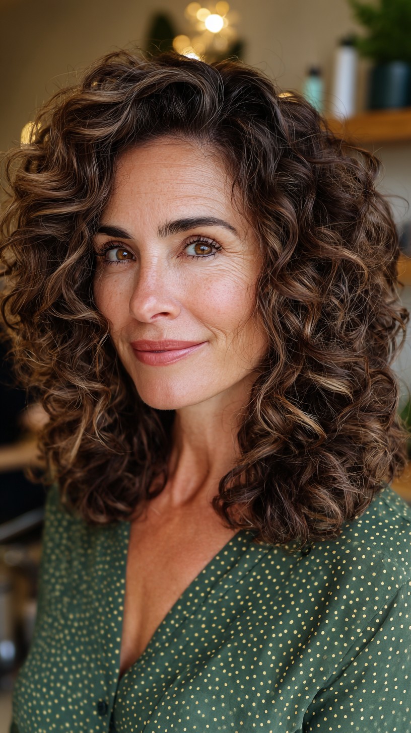 Voluminous Chestnut Curls with Luminous Highlights