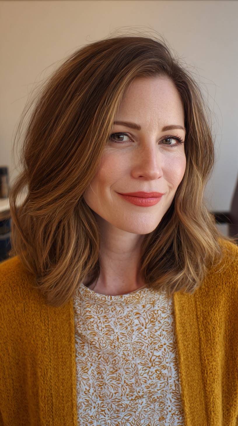 Caramel-Glazed Tousled Lob with Soft Waves