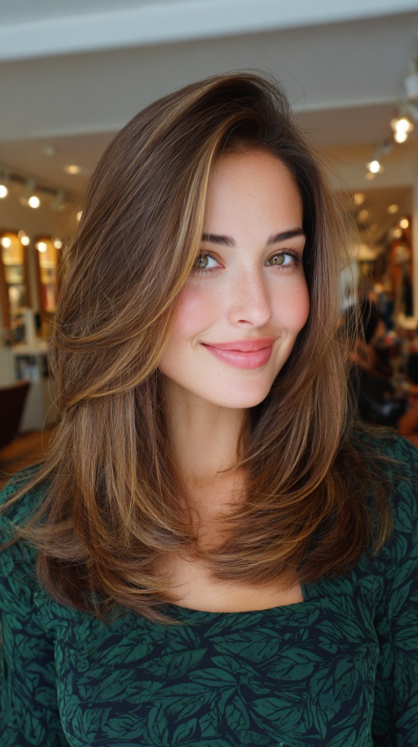 Caramel-Infused Soft Curtain Bangs and Layers