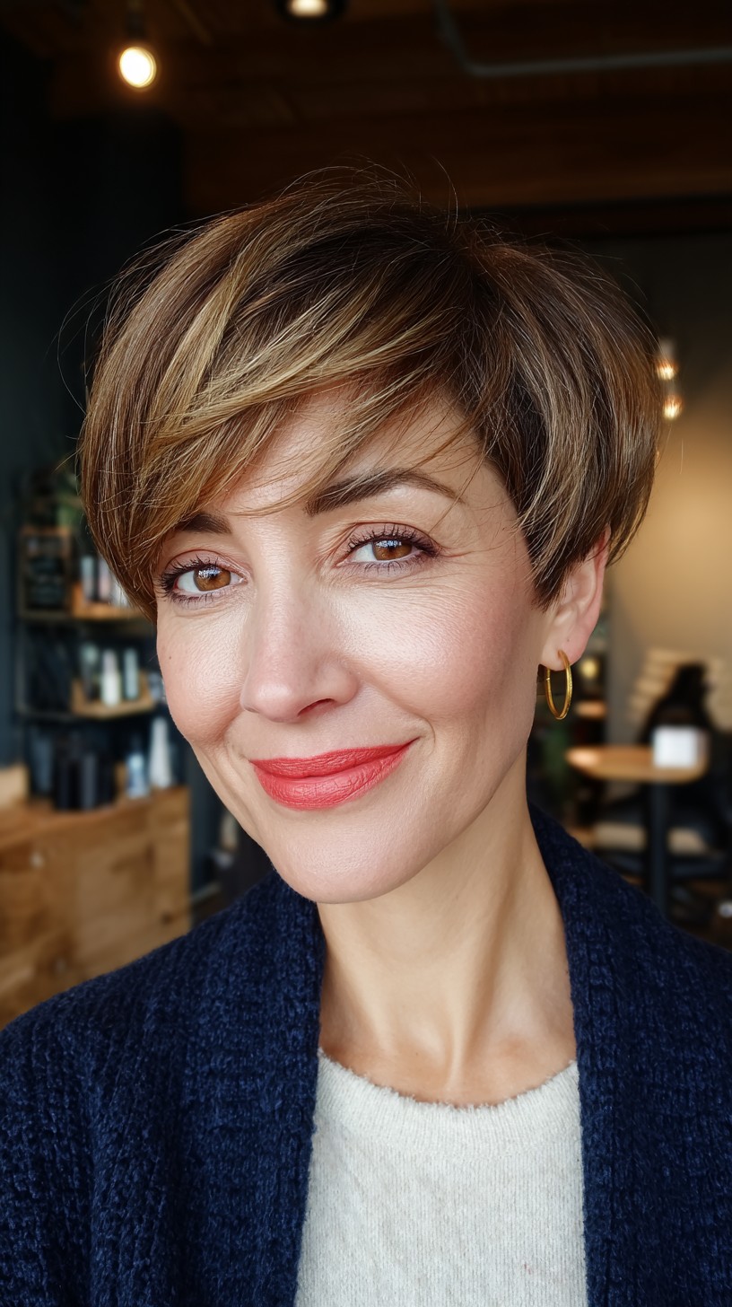 Chic Caramel Streaked Side-Swept Pixie