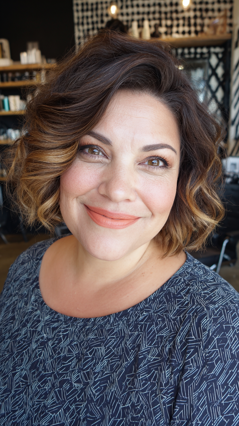 Chic Curly Brunette with Sun-Kissed Blonde Highlights