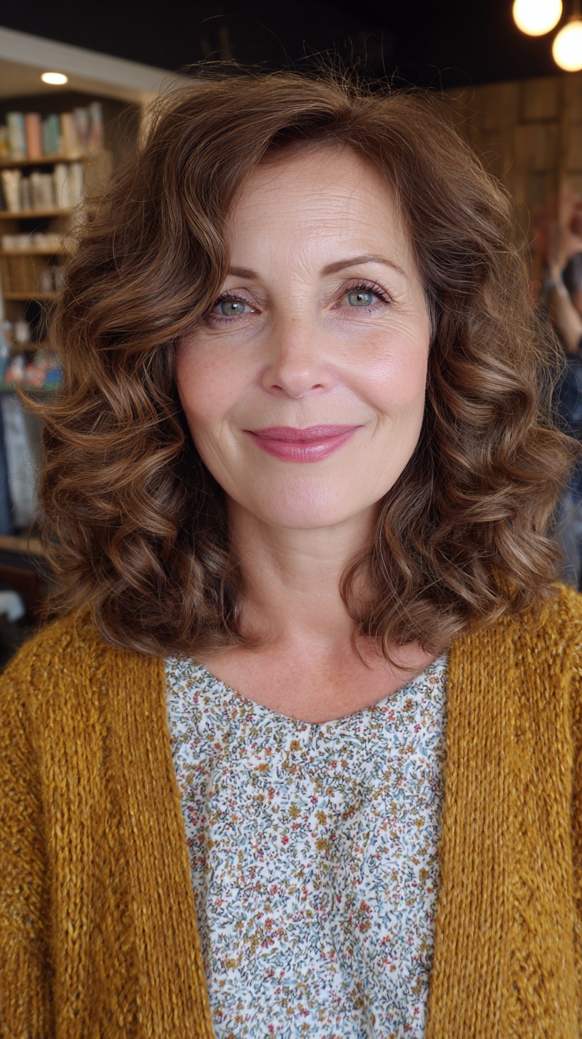 Classic Chestnut Shoulder-Length Curls with Volume