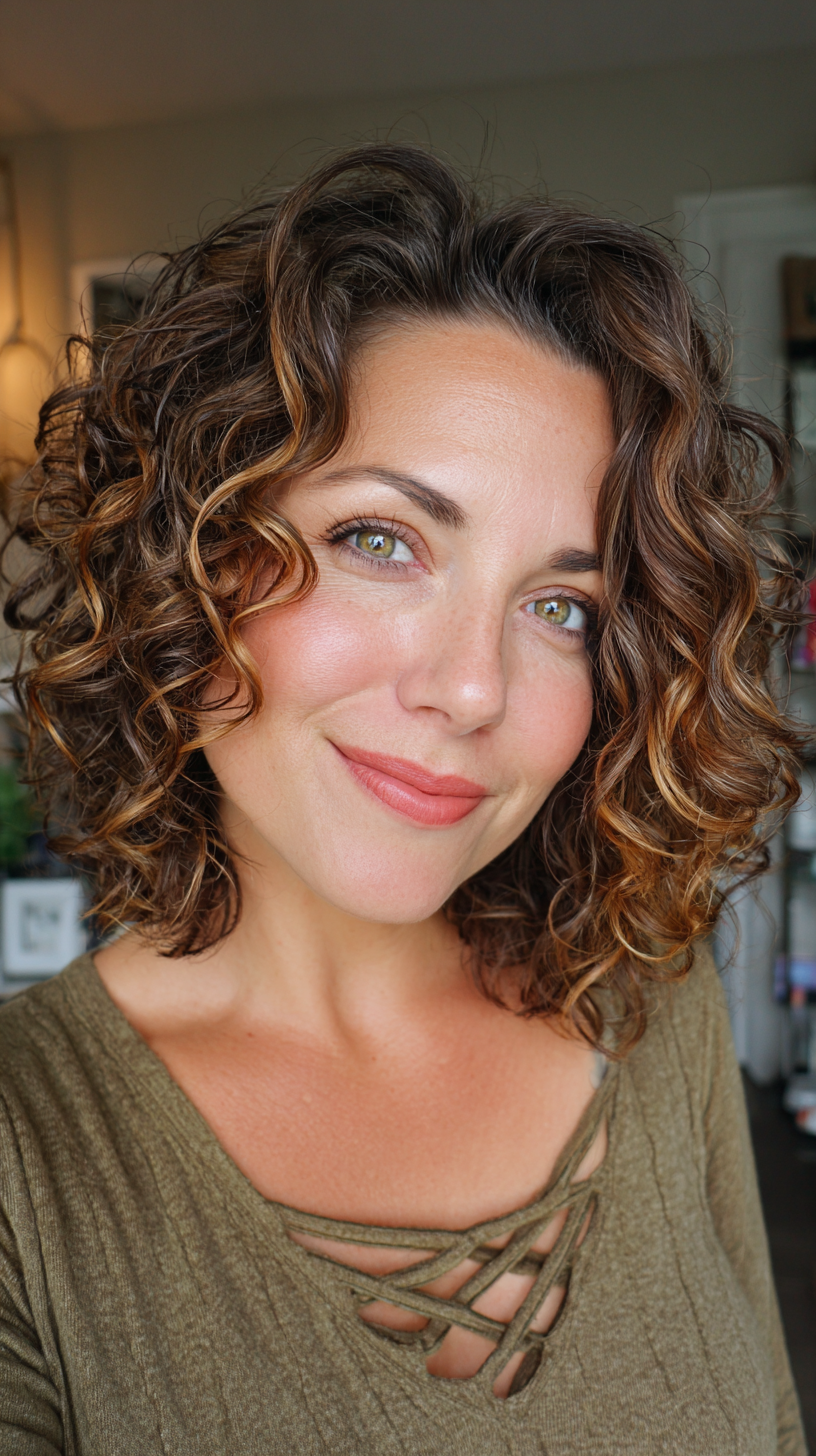 Curly Brunette with Golden Blonde Highlights