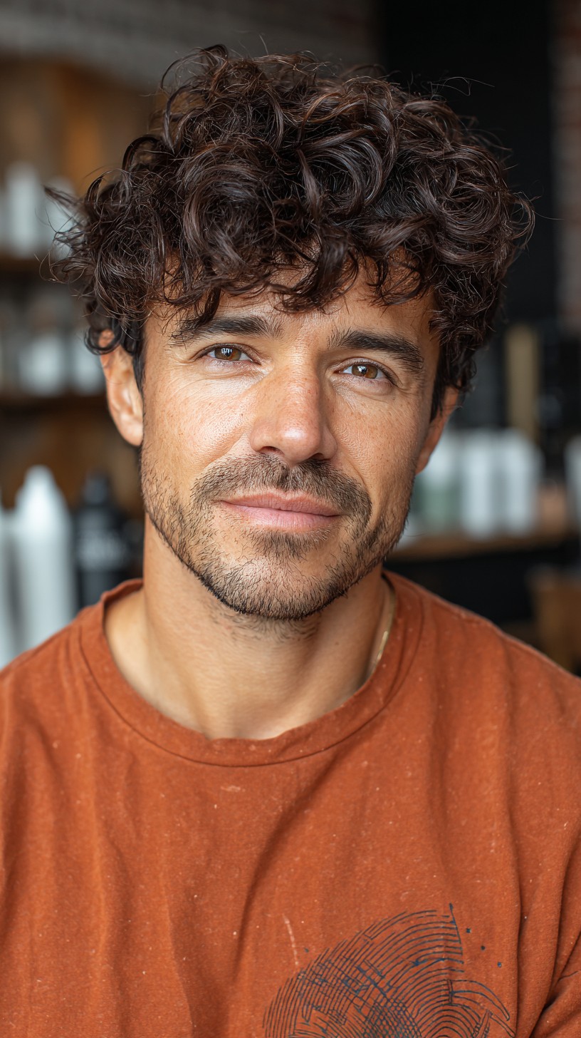 Curly Tousled Top with Natural Fade for Men