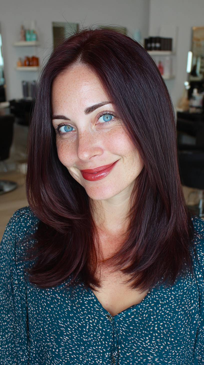 Deep Burgundy Long Layers with Subtle Face-Framing Highlights