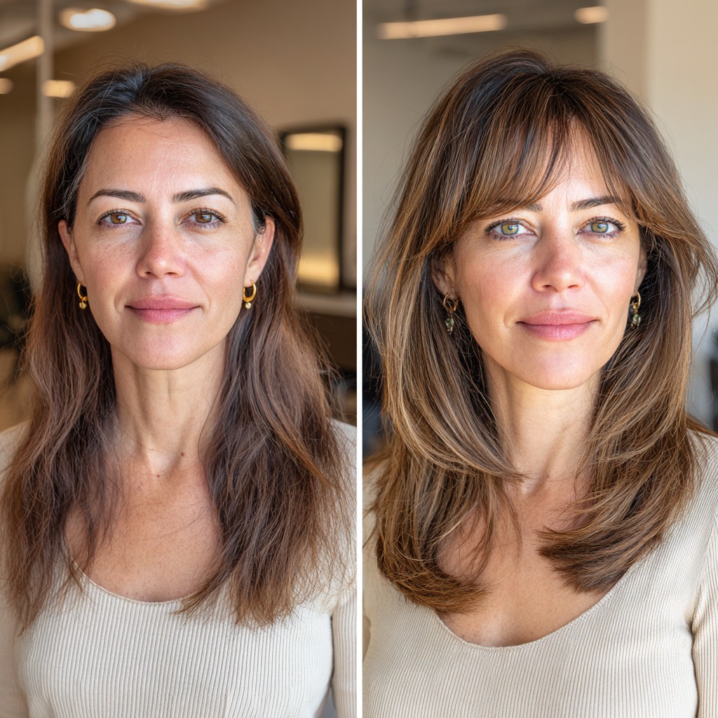 Effortlessly Chic Face-Framing Layers with a Soft Fringe