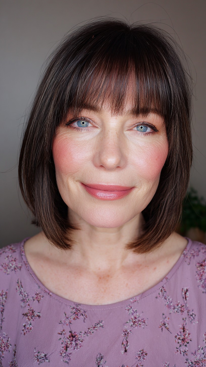Elegant Brunette Bob with Soft Fringe