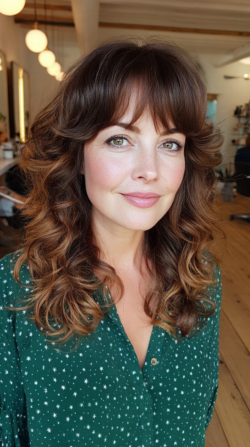 Elegant Soft Brunette Curls with Wispy Bangs