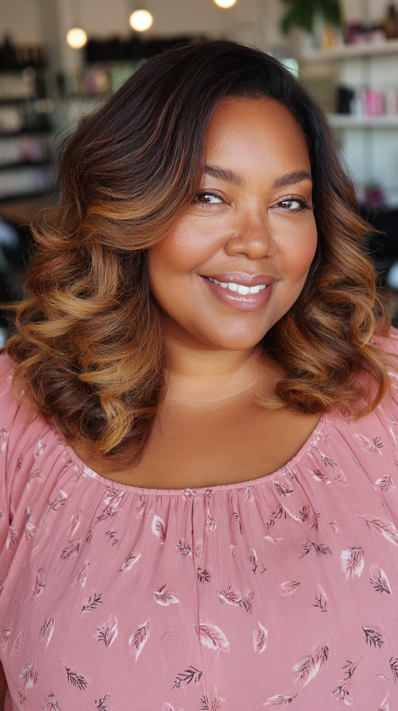 Glamorous Cinnamon Swirl Curls with Subtle Blonde Highlights