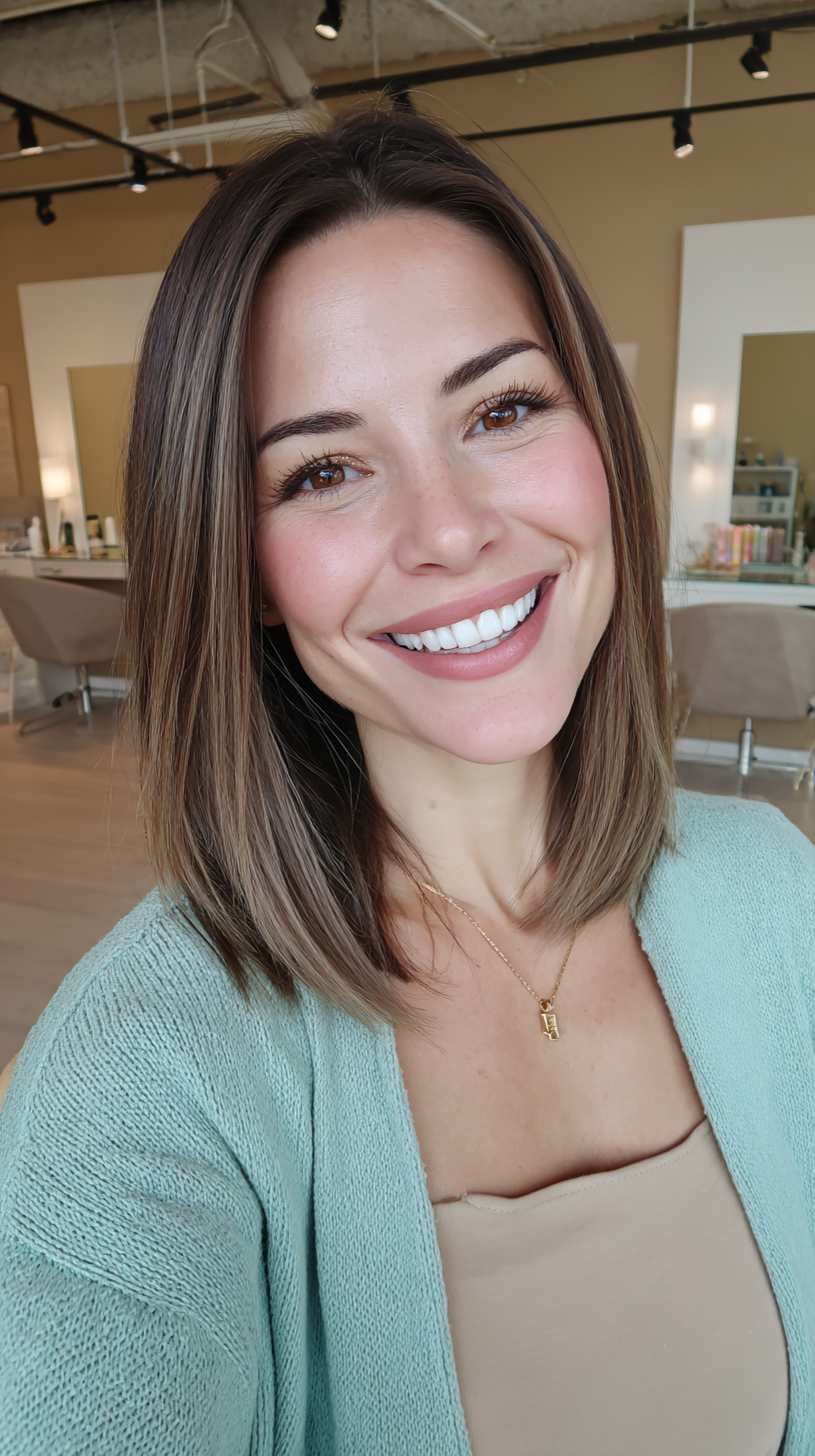 Polished Brunette Lob with Subtle Blonde Highlights