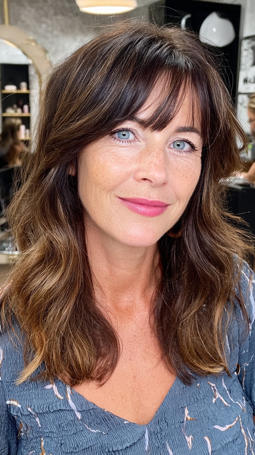 Rich Chestnut Waves with Sunkissed Highlights